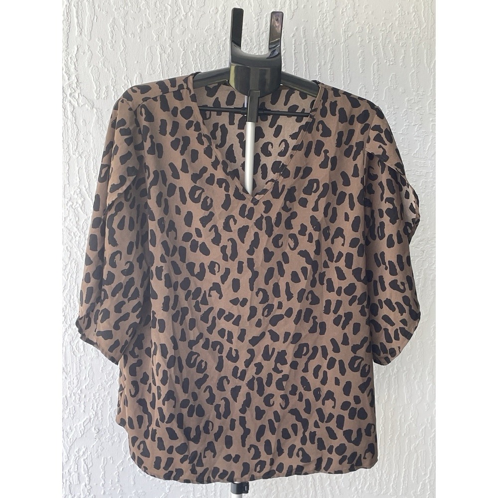 Jouica Womens 2XL Leopard Animal Print V-Neck 3/4 Sleeve Blouse Tan Black Top
